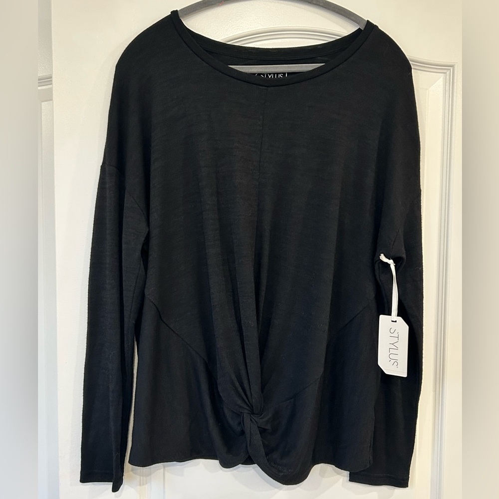 NWT Stylus Women’s Size L Black Knotted Scoop Neck Long Sleeve Blouse